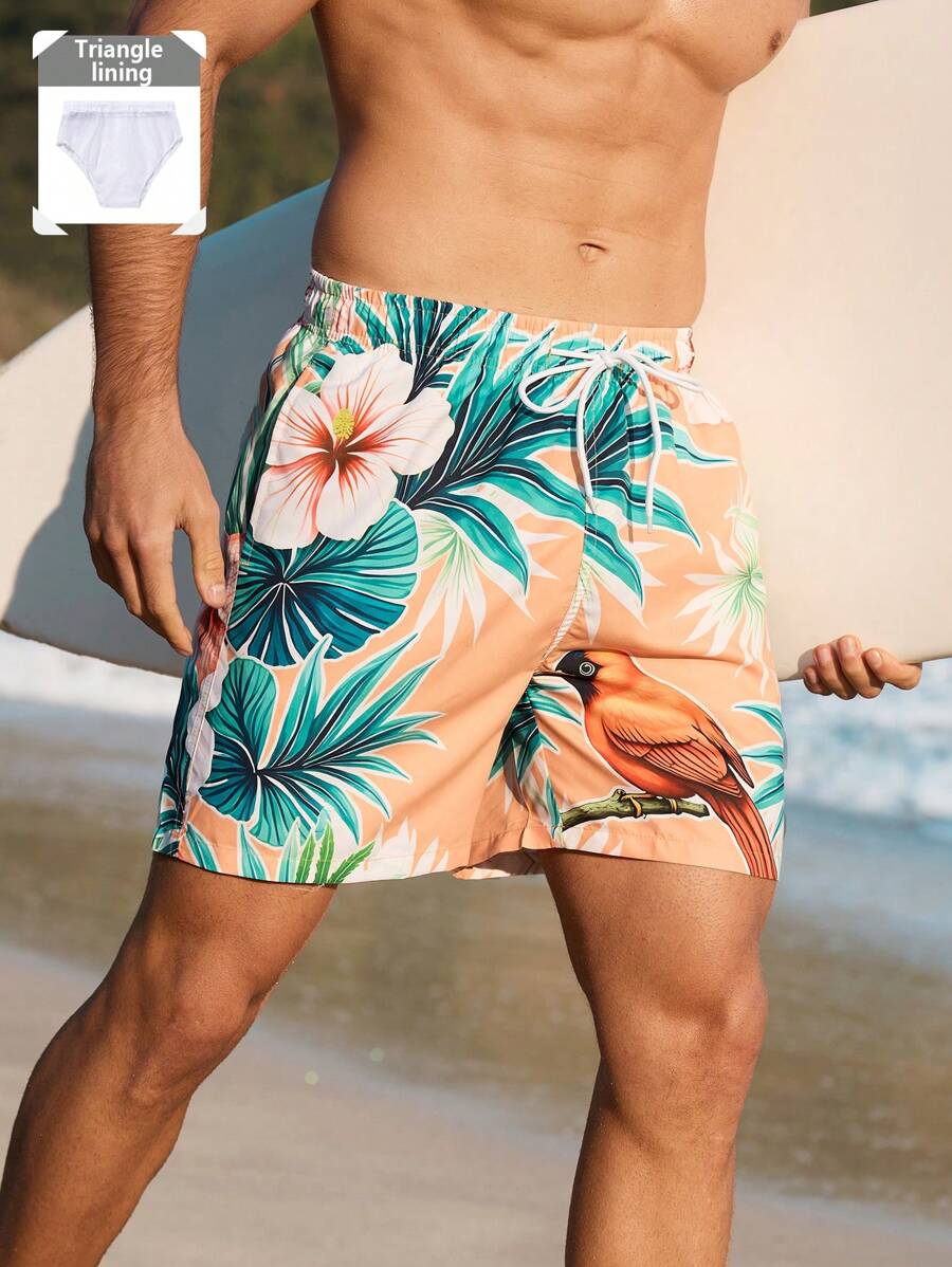 Surfspeed Men's Front Tie Print Simple Beach Pants, Casual & Vacation Men Swim Trunks - Champagne - View 1