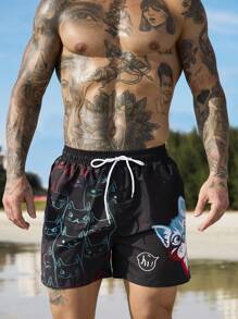 Surfspeed Men's Cartoon Cat Print Drawstring Pocket Beach Shorts  Men Swim Trunks