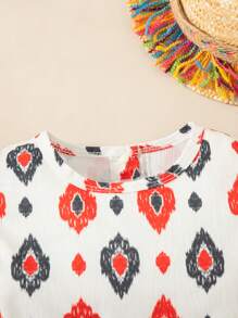 SHEIN Vestido de vacaciones con mangas con volantes y estampado geométrico para niña - Blanco - Ver 3