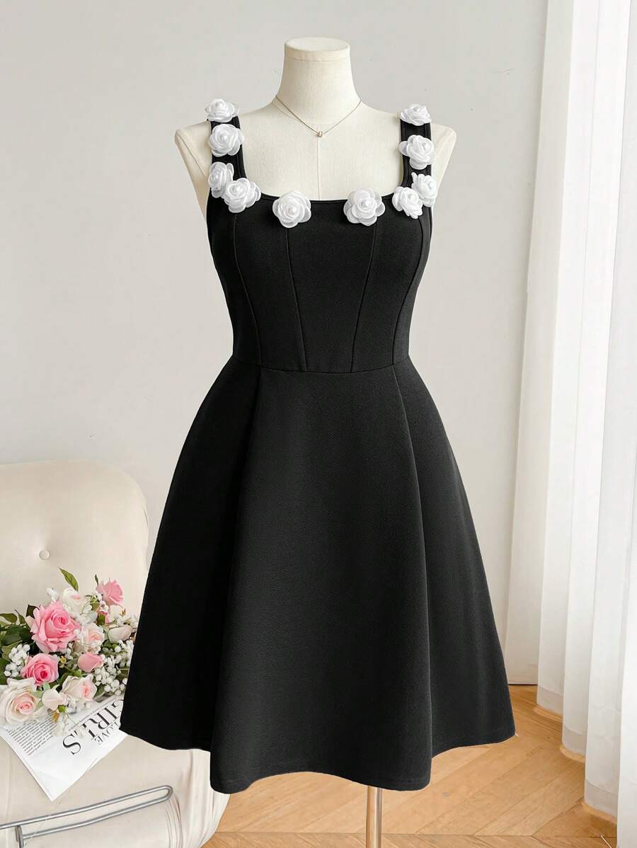 SHEIN Frenchy Plus Size Women Fashion Casual 3D Floral Black & White Contrast Color Elegant Black Dress, Fashionable Spring/Summer - Black - View 1