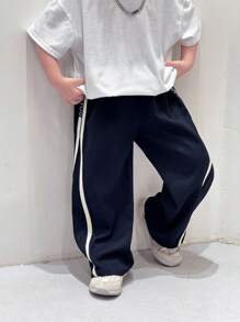 Young Boy Loose Fit Casual Trousers With Contrast Striped Side Decoration, Collegiate Style,Kids - Navy Blue - View 5