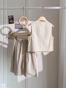 Easowa 2 pièces Ensemble top sans manches et short bermuda couleur unie décontracté pour femmes, tenue de base pour tous les jours, style "Old Money" printemps/été