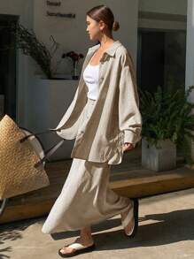 DAZY Women's 2pcs Casual Solid Color Linen Loose Outfit Set, Western Style Beach Holiday Suit For Spring,Fall Clothes Lounge Sets For Women - Apricot - View 2