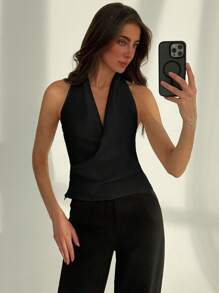Aloruh 极简主义办公室穿着深 V 性感镂空修身工字背心，米色 - 黑色 - 查看 7