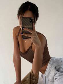 DAZY Summer Casual Solid Color Lace Trim Camisole - Rust Brown - View 4