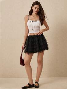 Poéselle Saia de Tule Multilayer Cor Sólida Moda Feminina - Preto - Visão 7