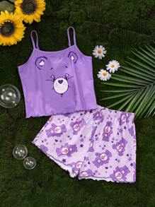 SHEIN X Care Bears Conjunto de pijama de top tipo camiseta de tirantes y shorts con estampe de oso y estrellas para niñas preadolescentes, ropa de dormir de verano, X