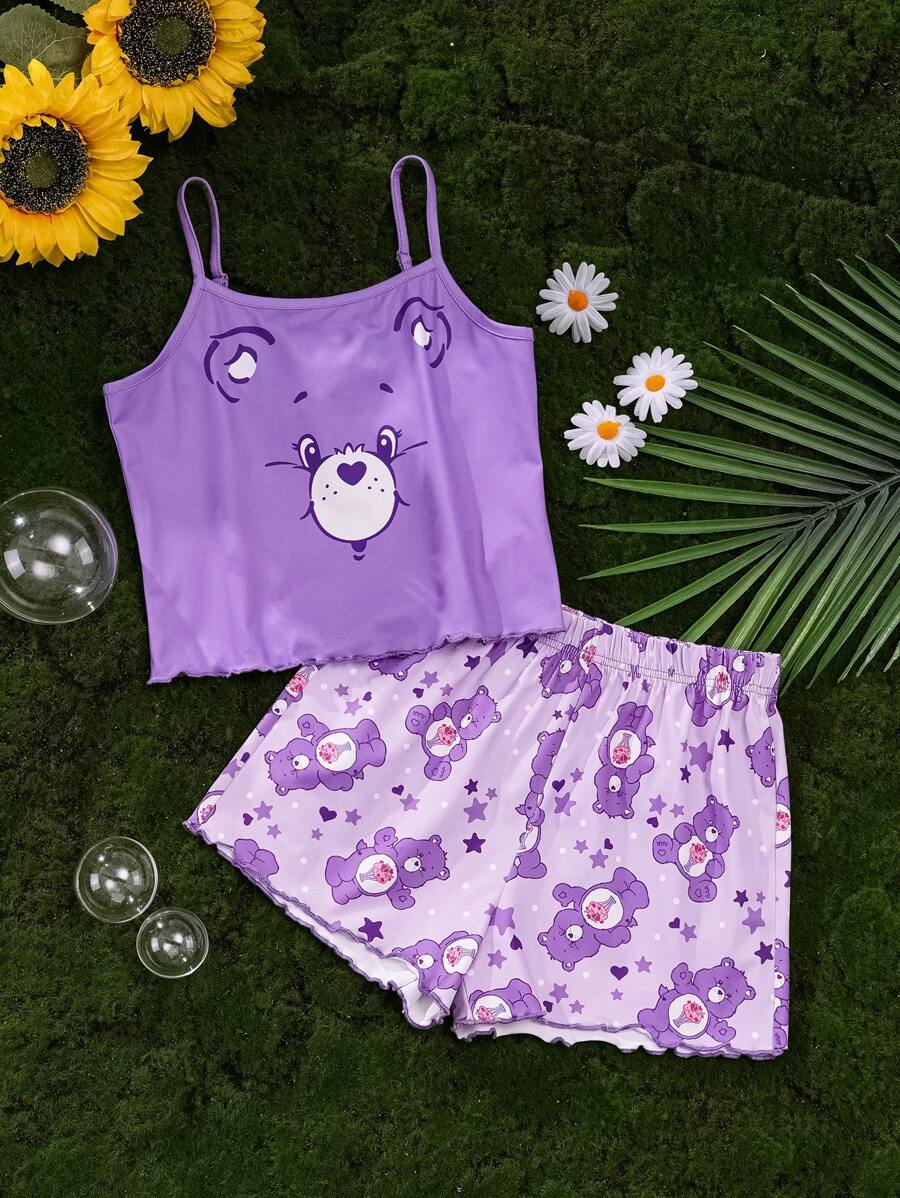 SHEIN X Care Bears Conjunto de pijama de top tipo camiseta de tirantes y shorts con estampe de oso y estrellas para niñas preadolescentes, ropa de dormir de verano, X