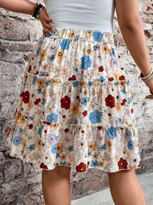 Breezaya Women Plus Size High Waist Streamlined Floral Print Ruffle Hem Skirt