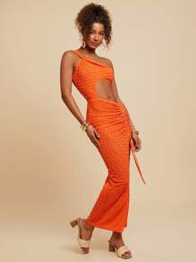 Travachic Vestido de mujer con abertura alta, escote asimétrico, cordón y diseño en unicolor, ideal para vacaciones - Vestido de mujer, conjunto de fiesta de mujer, vestido de noche de mujer, elegante, para vacaciones - Naranja - Ver 5