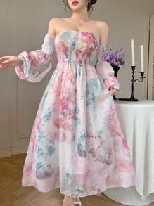 DAZY 女式露肩花卉印花中长连衣裙，秋季连衣裙长袖连衣裙 - 粉色 - 查看 9