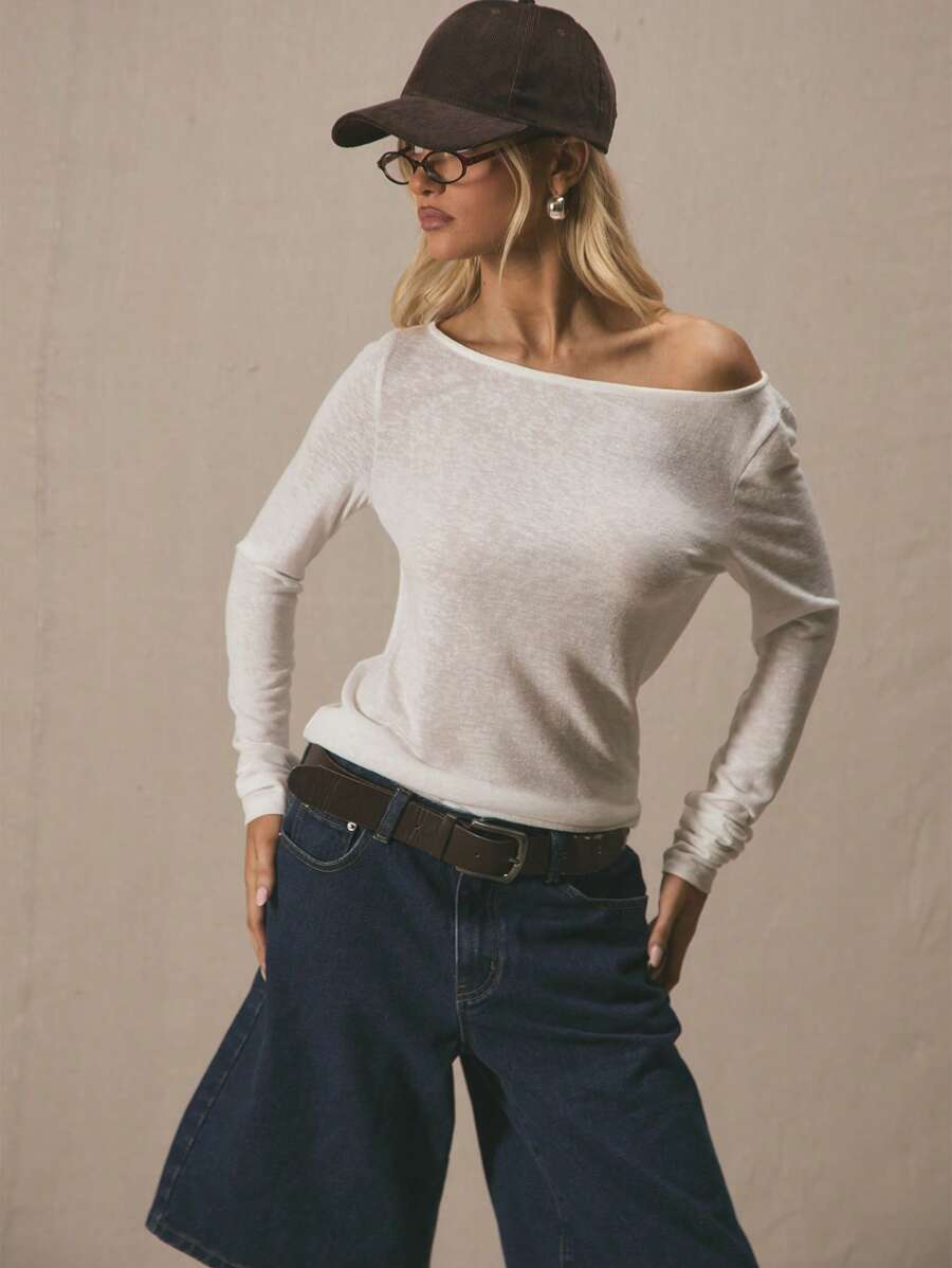 MUSERA Slouchy Fit Longline Long Sleeve Jersey Top Spring Summer Cute Vacation 90's Y2k Al Fresco Work Everyday Casual Asymmetrical Shoulder Tops Holiday Festival Airport Fall Back To School
