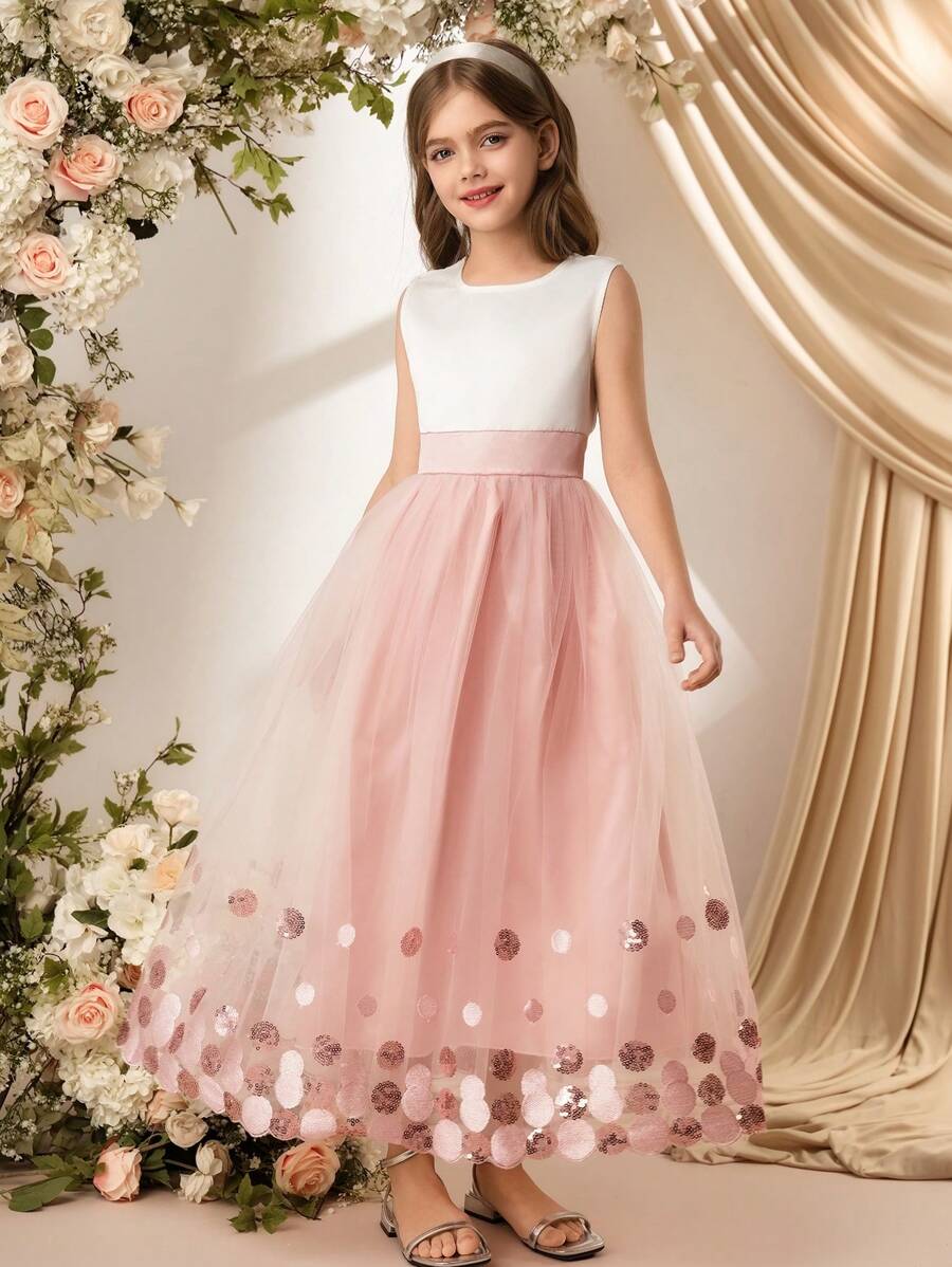 SHEIN Tween Girl Elegant Luxury Floral Print Tulle Wedding Flower Girl Dress - Pink - View 1