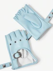 SHEIN ICON Women's Fashion Riveted Open Finger Gloves - Blue - View 4