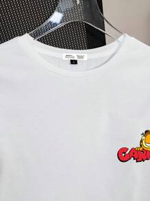 GARFIELD X SHEIN Casual Loose Round Neck Short Sleeve White T-Shirt With English Cartoon & Plaid Print, Suitable For Summer