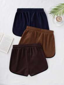 3 件套女士休闲侧开叉松紧腰可调节抽绳短裤睡衣套装 - 彩色 - 查看 2