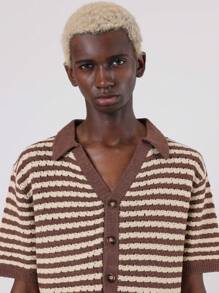 SUMWON Vintage Style Crochet Polo Shirt Button Down Summer Retro Casual Short Sleeve Knitted Top Resort Wear Vacation Ribbed Texture Light Preppy Beach - Brown - View 3