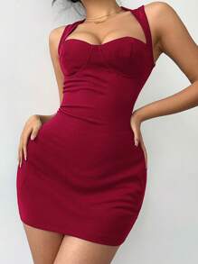 Vestido mini ajustado con espalda descubierta y recorte de corazón a lunares estilo Y2K para el Día de San Valentín, vestido corto sexy JSEK - Burdeos - Ver 7