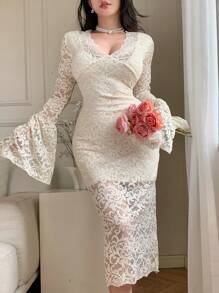 DAZY Đầm dạ hội tay loe cổ chữ V ren cho nữ, dáng dài vừa phải, thanh lịch, xếp nếp, váy cưới, váy mùa thu, váy dài tay - Màu be - Xem 9