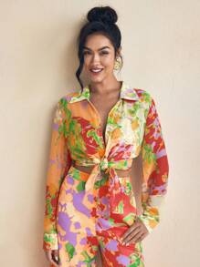 Eva Novielli Designer Colorful Summer Floral Printed See-Through Chiffon Long Sleeve Shirt Women Vacation Blouses - Multicolor - View 3