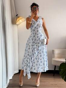 Chiquease Elegantes Damen Sommerkleid mit Rüschensaum, Ärmellos, Ditsy Blumen Muster