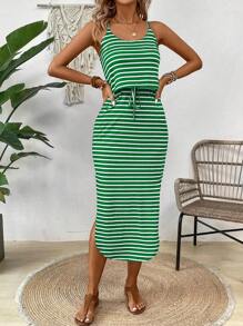 Breezaya Zomerse casual spaghettibandjesjurk voor dames met strikceintuur, maxi-outfit met zijsplitzoom