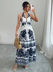 Elenzga Tryckt Camisole Midja Defined A-Line Elegant romantisk klänning för kvinnor - Blå - Visa 3