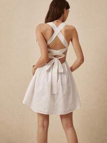 Poéselle 白色连衣裙海滩、度假、鸡尾酒会、派对、婚纱、婚礼宾客礼服女士、仙女裙、晚宴礼服、宾客礼服、女士性感镂空刺绣露背迷你连衣裙、度假风格女士夏季服装女士连衣裙女士优雅连衣裙 - 白色 - 查看 6