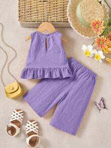 女婴夏季可爱纯色度假荷叶边吊带背心和裤子两件套 - 紫色 - 查看 2