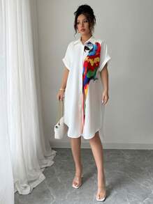 Chiquease Vacation Casual Parrot Print Batwing Sleeve Button Front Shirt Dress