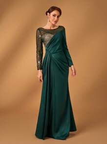 Serin Elegante y lujoso vestido sirena de manga larga con volantes en gris oscuro bordado con encaje satinado, adecuado para bodas, banquetes, fiestas, vacaciones, vestido de madre de la novia