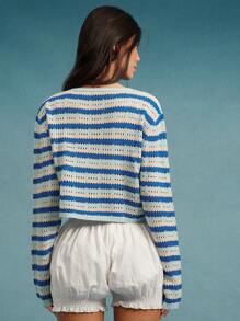 WESTFADE Summer Stripe Patterned V Neck Button Front Relaxed Fit Long Sleeve Open Knit Cardigan Sweater Spring Break Western Cowgirl Beach Vacation