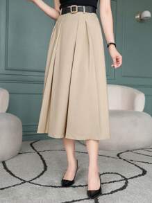 Wynsel Women Casual Commuter Solid Color Pleated A-Line Skirt,Fall Clothes Winter Women Skirts - Apricot - View 4