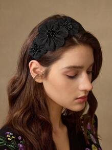 MOTF PREMIUM FLOWER PATCHED WIDE HEADBAND HAIRBAND HAIR HOOP - Black - View 5