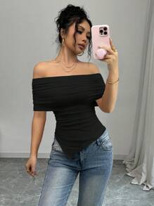 Gloray Camiseta ajustada con hombros descubiertos, solapa ancha y dobladillo fruncido, elegante para mujer, primavera/verano