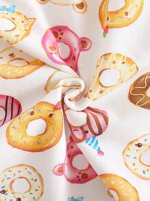 Cozy Pixies Toddler Girls 2pcs Set Sweet Doughnut Print Knitted Soft Round Neck Short Sleeve Drop Shoulder Pullover Top And Solid Color Elastic Waist Shorts