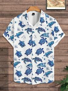 Manfinity RSRT Camisa informal de manga corta de una sola de botones con estampado de tortuga para hombres de talla grande