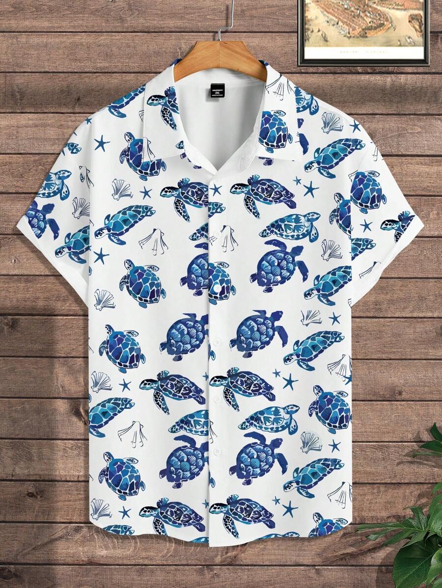 Manfinity RSRT Camisa informal de manga corta de una sola de botones con estampado de tortuga para hombres de talla grande