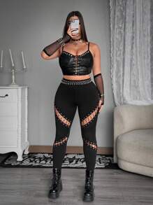 Whyspr Grunge Punk Rave Plus Size Leggings - Black - View 6