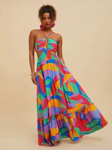 Travachic Robe femme extra longue avec imprimé géométrique tissé - Multicolore - View 4