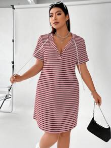 Flirla Plus Size Women Ribbed Ribbed Short Sleeve Hooded Dress - Multicolor - View 4