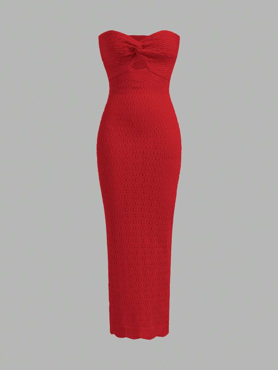 SHEIN Privé Gaun Maxi Simpul Putar Elegan untuk Wanita - Merah - View 1
