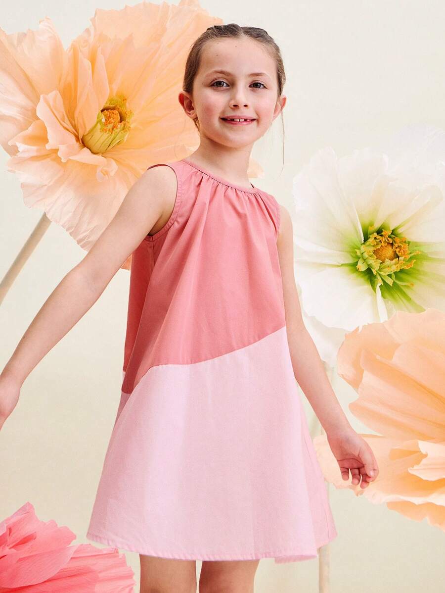 SHEIN 年轻女孩无袖宽松 A 字粉色连衣裙，度假风格，场合，婚礼 - 粉色 - 查看 1