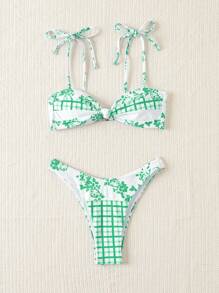 SHEIN Swim 女式清新碎花拼布图案系带比基尼上衣和高腰泳裤套装 - 薄荷綠 - 查看 5