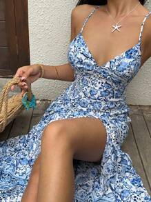 Sunnyshic Navy Blue Floral Print V-Neck Backless Tie Neck High Slit A-Line Midi Dress, Sophisticated Vacation Travel Boho Chic Casual Elegant Summer Dress For Women