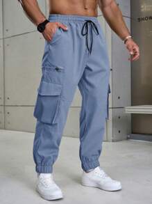 Manfinity Homme Plus Size Men's Casual Drawstring Waist Cargo Pants - Baby Blue - View 1