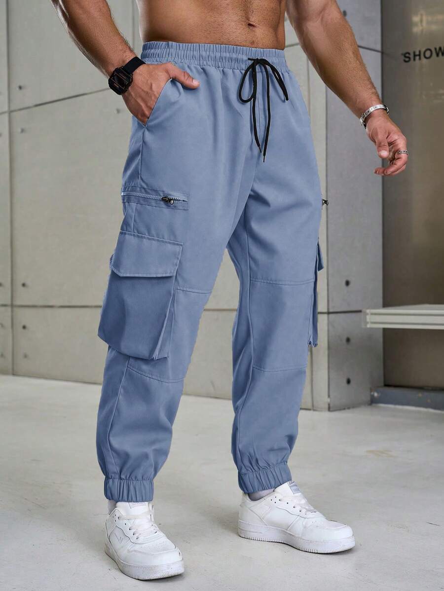 Manfinity Homme Plus Size Men's Casual Drawstring Waist Cargo Pants - Baby Blue - View 1