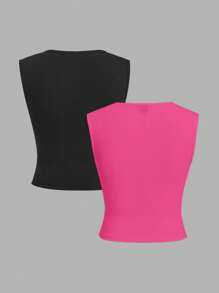 SHEIN EZwear 黑色和玫瑰红色无缝针织女士紧身吊带背心 - 玫紅色 - 查看 2