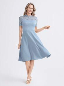 Miaspire Robe mi-longue élégante en dentelle avec empiècement, manches courtes, taille cintrée, bleu clair, convient pour les mariages et les événements sociaux