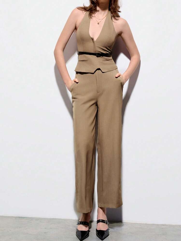 SHEIN Maija 2025 Summer New Arrival Women's Business Casual Khaki Brown Adjustable PU Leather Belt Double Belt Loop Front Metal Zipper Hook Design Slant Pockets Music Festival Beach Vacation Daily Casual Romantic Urban Resort Suitable For Outing, Party, Wedding Guest, Retro Style Graduation Season Ladies Vest Top